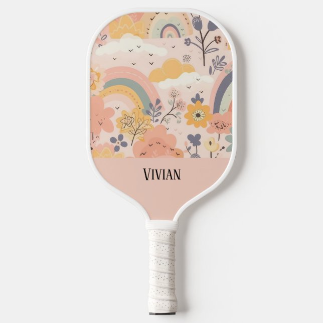 Soft Peach Whimsy Boho Rainbow Floral Personalized Pickleball Paddle (Front)