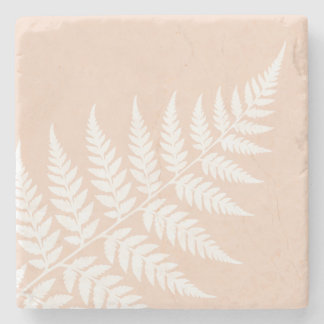 Soft Peach White Fern Botanical Wedding Stone Coaster