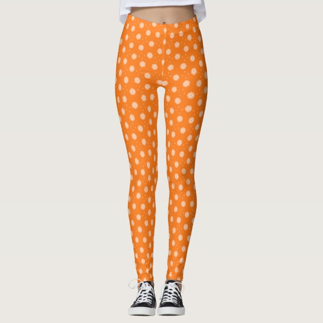 Soft Peachy Beige Flowers on Orange Background  Leggings (Front)