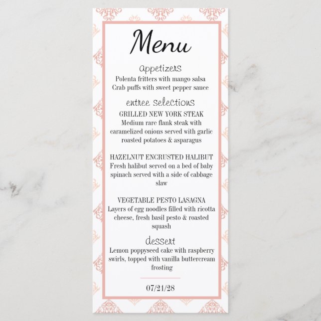 Soft Peachy Blush Damask Menu (Front)