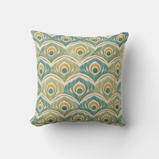 Soft Peacock Feather Pattern in Sage & Gold Throw Pillow (Front)