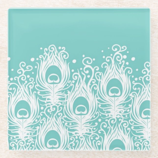 Soft peacock feathers glass coaster (Front)