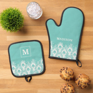 Soft peacock feathers oven mitt & pot holder set