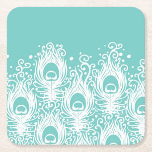 Soft peacock feathers square paper coaster