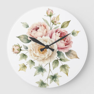 Soft Peony Bouquet Watercolor Elegance Large Clock