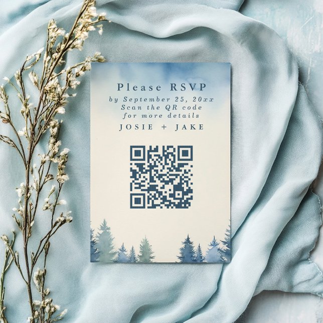 Soft pine trees rsvp qr code enclosure card (Serene, watercolor design of evergreen trees fading into a soft blue sky, RSVP)