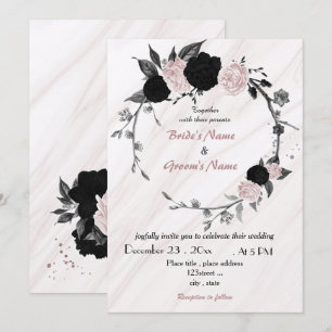 soft pink and black floral wreath wedding invitation