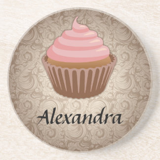 Soft Pink and Brown Cupcake, Personalized Keepsake Coaster