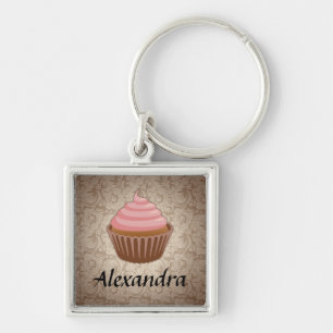 Soft Pink and Brown Cupcake, Personalized Keepsake Keychain
