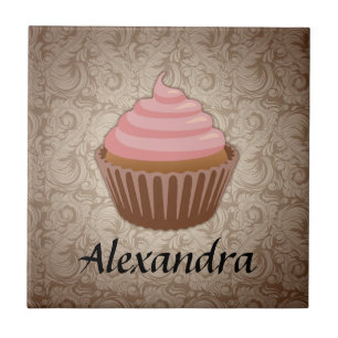Soft Pink and Brown Cupcake, Personalized Keepsake Tile