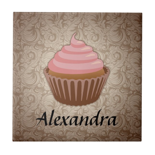 Soft Pink and Brown Cupcake, Personalized Keepsake Tile (Front)