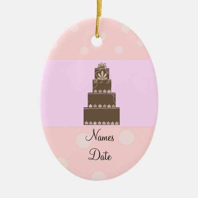 Soft Pink and Chocolate Wedding Cake Ceramic Ornament (Front)