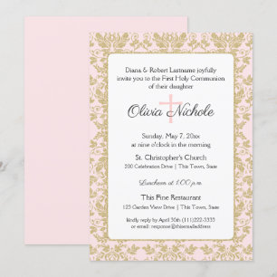 Soft Pink and Gold Damask First Communion Invitation