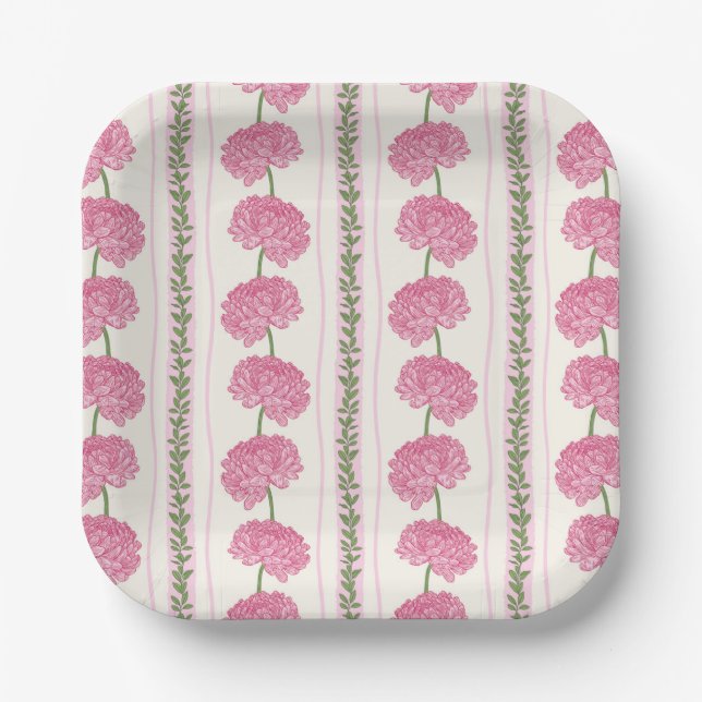 Soft Pink and Green Chrysanthemum Flower Stripes Paper Plate (Front)