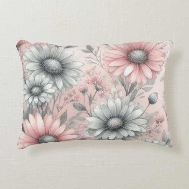 Soft Pink and Grey Daisies Accent Pillow (Front)