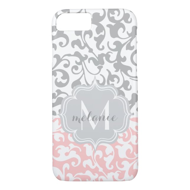 Soft Pink and Grey Damask Monogram Case-Mate iPhone Case (Back)