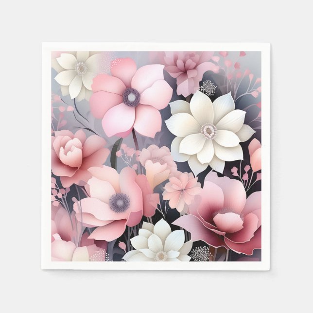 Soft Pink and Grey Floral Napkin (Front)