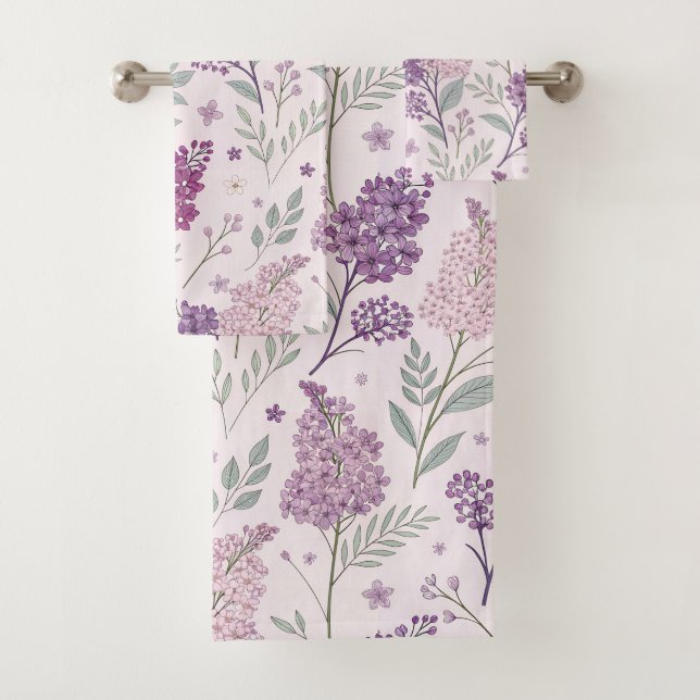 Soft Pink and Purple Lilac Floral Pattern   Bath Towel Set (Insitu)