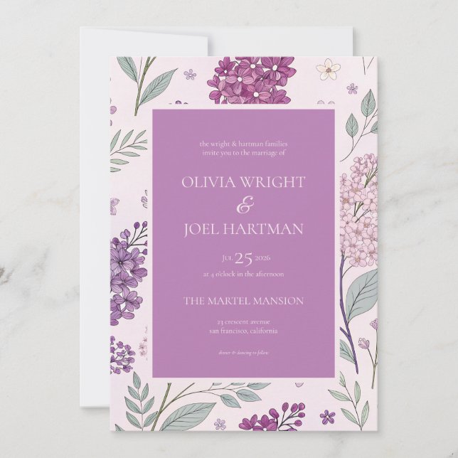 Soft Pink and Purple Lilac Floral Wedding  Invitation (Front)