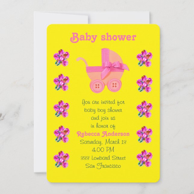 Soft pink baby carriage, Pink, purple sewn flowers Invitation (Front)