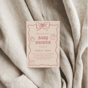 Soft Pink Baby Shower  with Baby Icons & Bow Frame Invitation