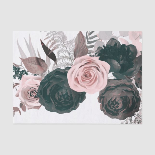 Soft Pink & Black Floral Greenery White Wedding Tissue Paper (Front)