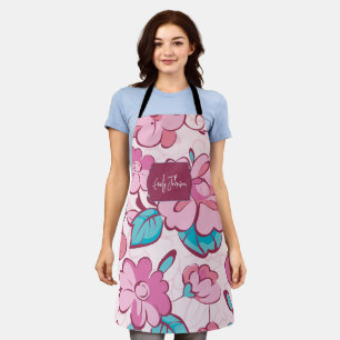 Soft Pink Bloom Floral Pattern Custom Name Apron