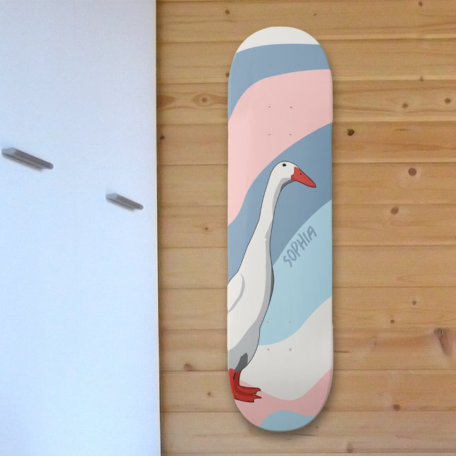 Soft Pink & Blue Cute White Runner Duck Kids Name Skateboard (Creator Uploaded)