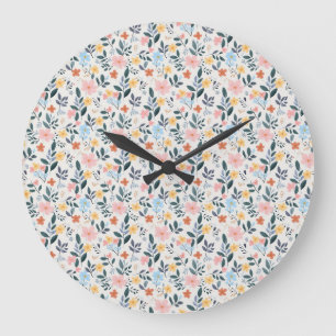 Soft Pink Blue Ditsy Flower Print Large Clock