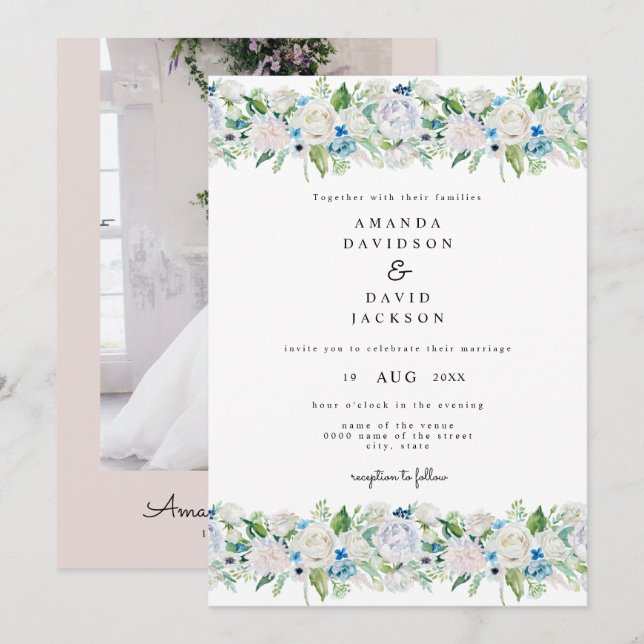 Soft Pink Blue Greenery Romantic Floral Wedding Invitation (Front/Back)