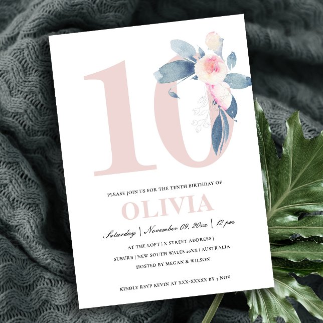 SOFT PINK BLUSH BLUE FLORAL 10TH ANY AGE BIRTHDAY INVITATION (Creator Uploaded)