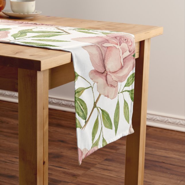 Soft Pink Blush Watercolor Roses Long Table Runner (In Situ)