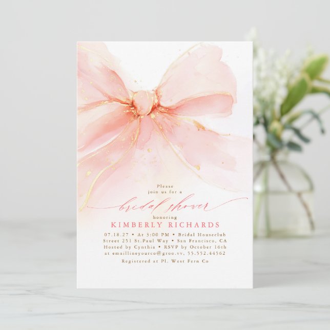 Soft Pink Bow Elegant Bridal Shower Invitation (Standing Front)