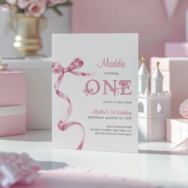 Soft Pink Bow First Birthday Girl  Invitation (Creator Uploaded)