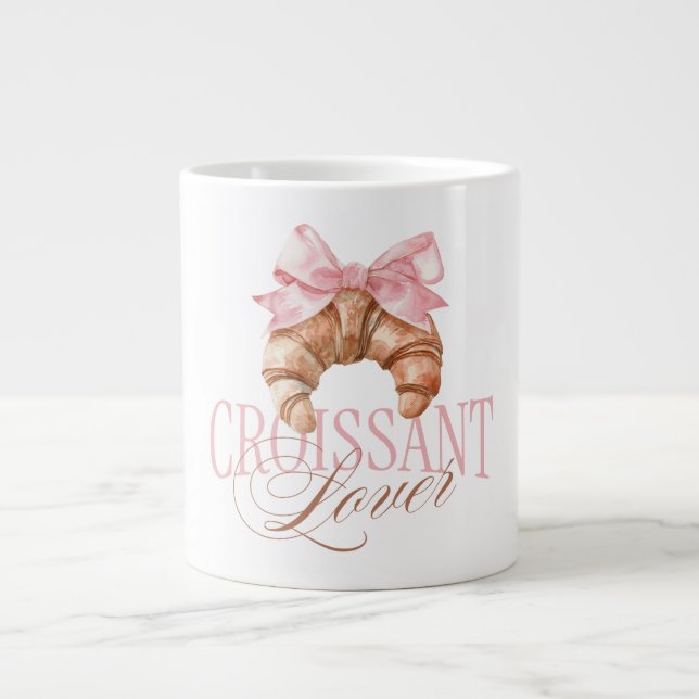 Soft Pink Bow French Coquette Croissant Large Coffee Mug (Front)