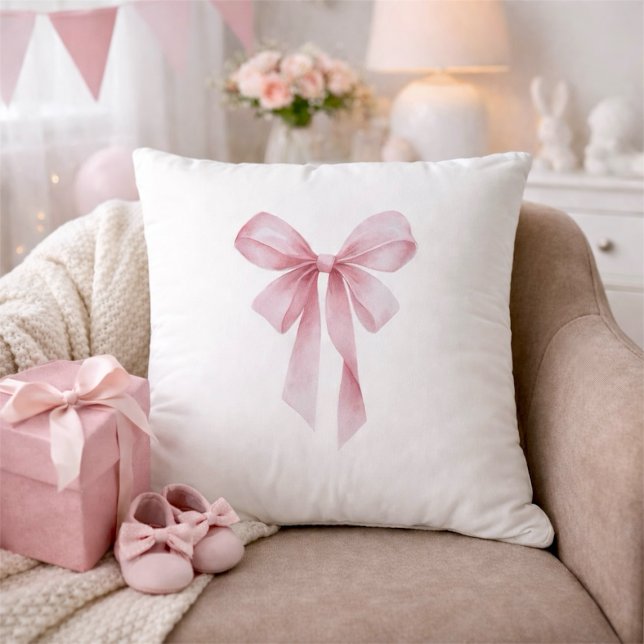 Soft Pink Bow Girl Baby Shower Throw Pillow (Soft Pink Bow Girl Baby Shower Throw Pillow)