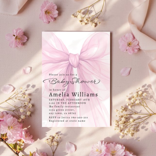 Soft Pink Bow Script Baby Shower Invite (Creator Uploaded)