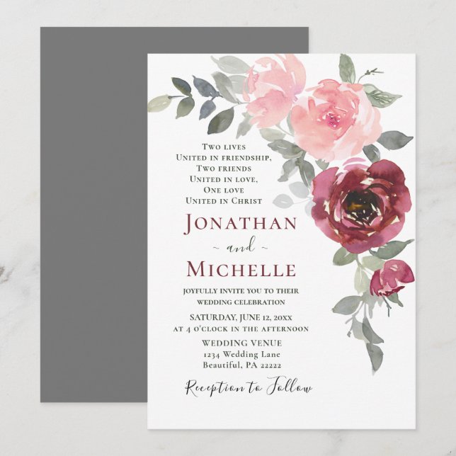 Soft Pink Burgundy Floral Christian Wedding Invitation (Front/Back)