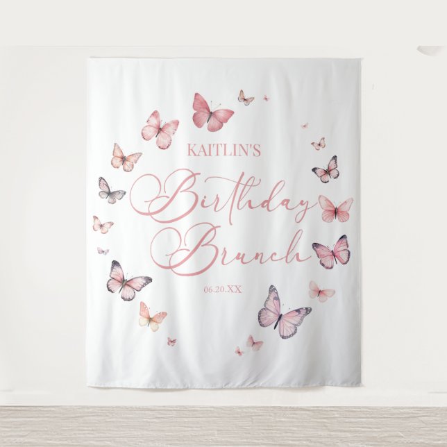 Soft Pink Butterfly Birthday Brunch Party Tapestry (Front)