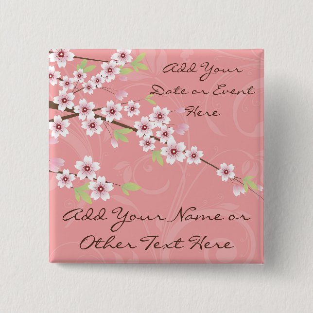 Soft Pink Cherry Blossom 2 Inch Square Button (Front)