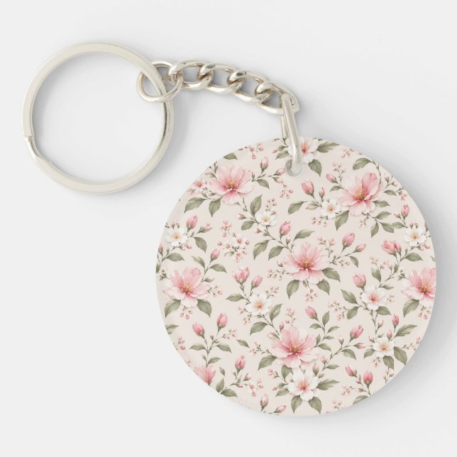 Soft Pink Cherry Blossom Floral Seamless Pattern Keychain (Front)