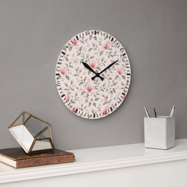 Soft Pink Cherry Blossom Floral Seamless Pattern Large Clock (Office)