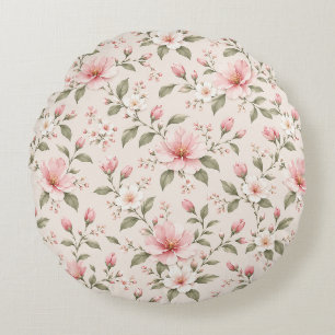 Soft Pink Cherry Blossom Floral Seamless Pattern Round Pillow