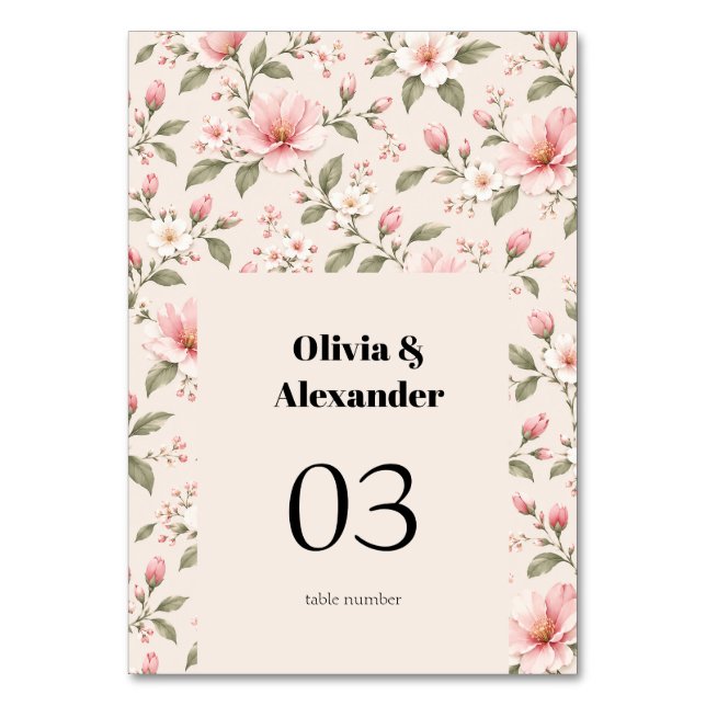 Soft Pink Cherry Blossom Floral Seamless Pattern Table Number (Front)