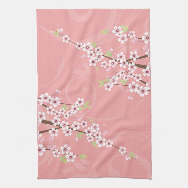 Soft Pink Cherry Blossom Kitchen Towel (Vertical)