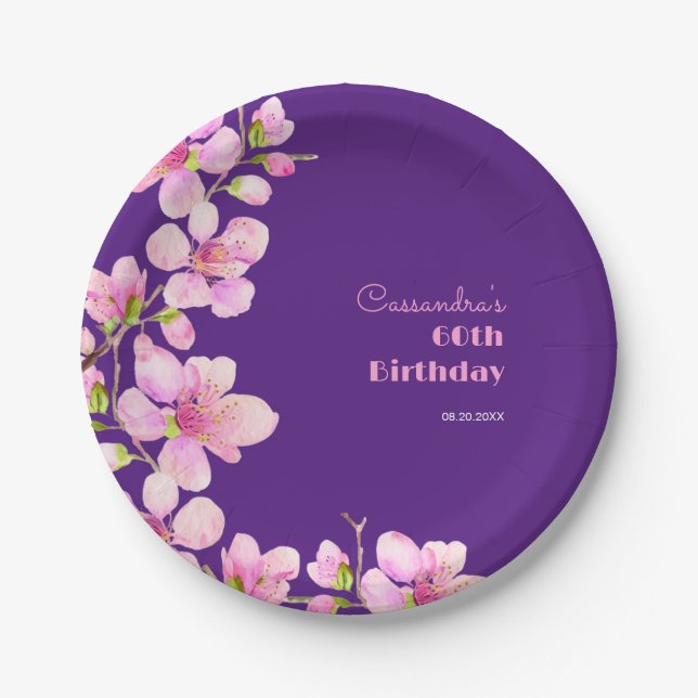 Soft Pink Cherry Blossom Sakura Purple Birthday Paper Plate (Front)