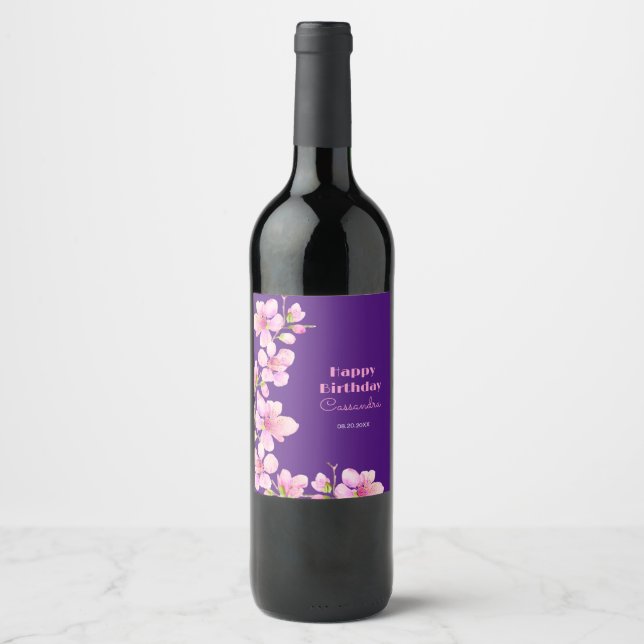 Soft Pink Cherry Blossom Sakura Purple Birthday Wine Label (Front)