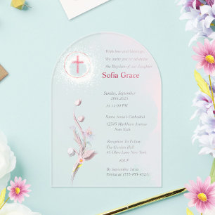 Soft Pink Cross & Floral Girl Baptism Invitat Inv Acrylic Invitations