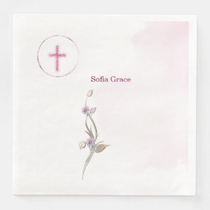 Soft Pink Cross & Floral  Girl Baptism  paper napk Napkin
