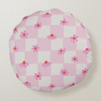 Soft Pink Daisy Checkerboard Floral Pattern Round Pillow